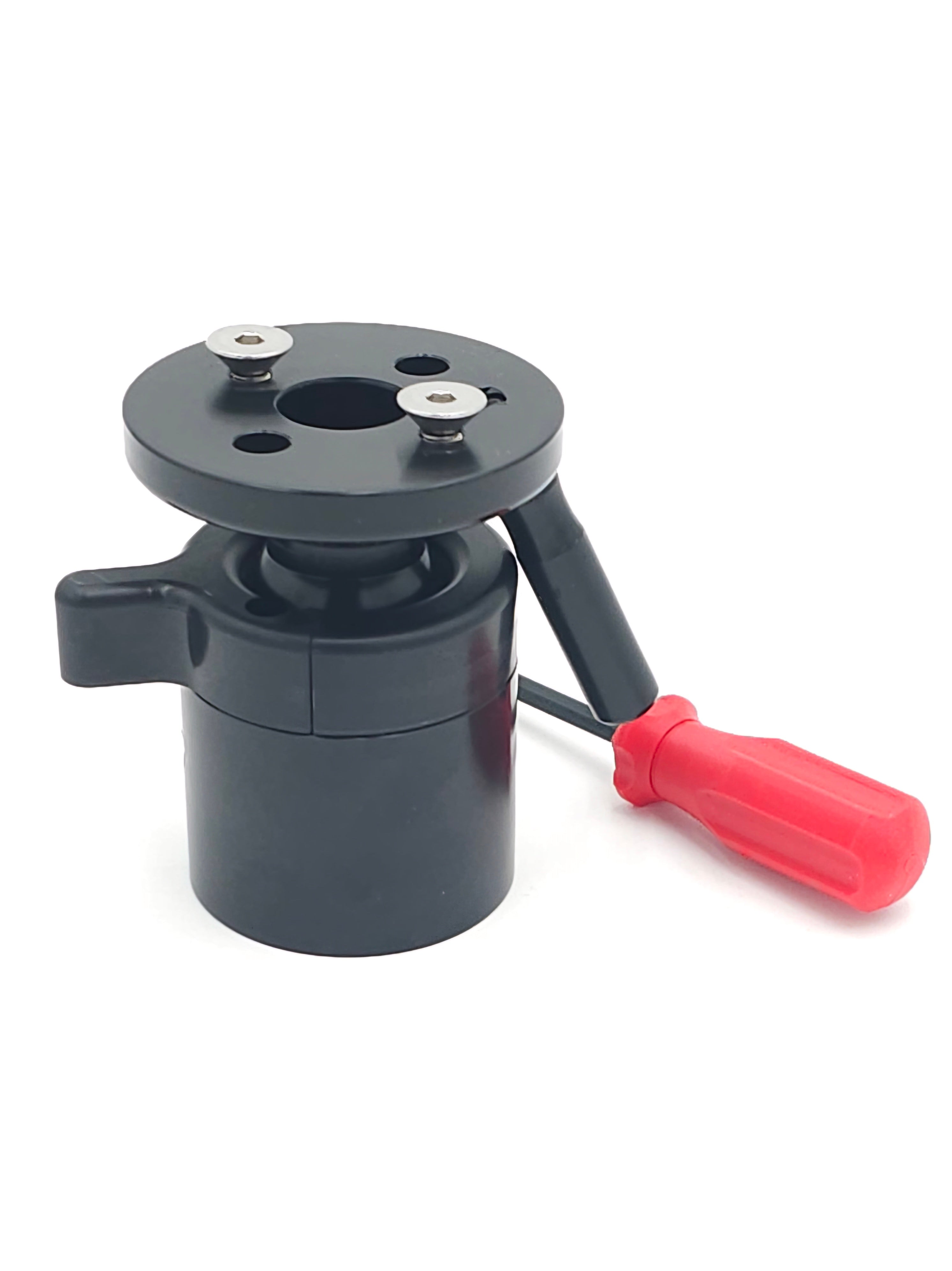 Armodilo ArmoTwist articulating swivel mount joint in black, shown with a screwdriver for scale