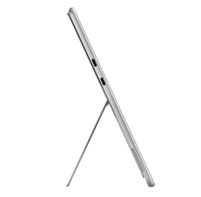 Side profile of the Microsoft Surface Pro 11th Edition kiosk tablet highlighting its slim anodized aluminum frame and USB-C ports.