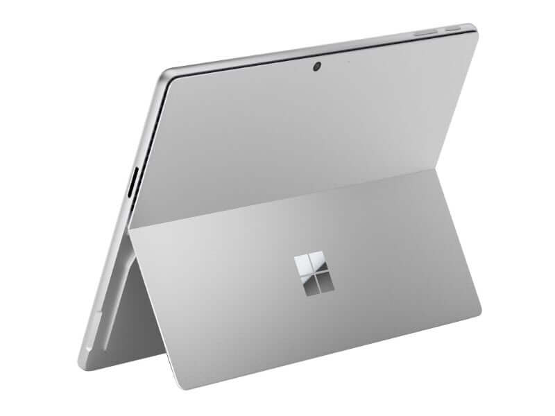 Rear view of the Microsoft Surface Pro 11th Edition kiosk tablet displaying the platinum finish, venting requirements, and camera placement.