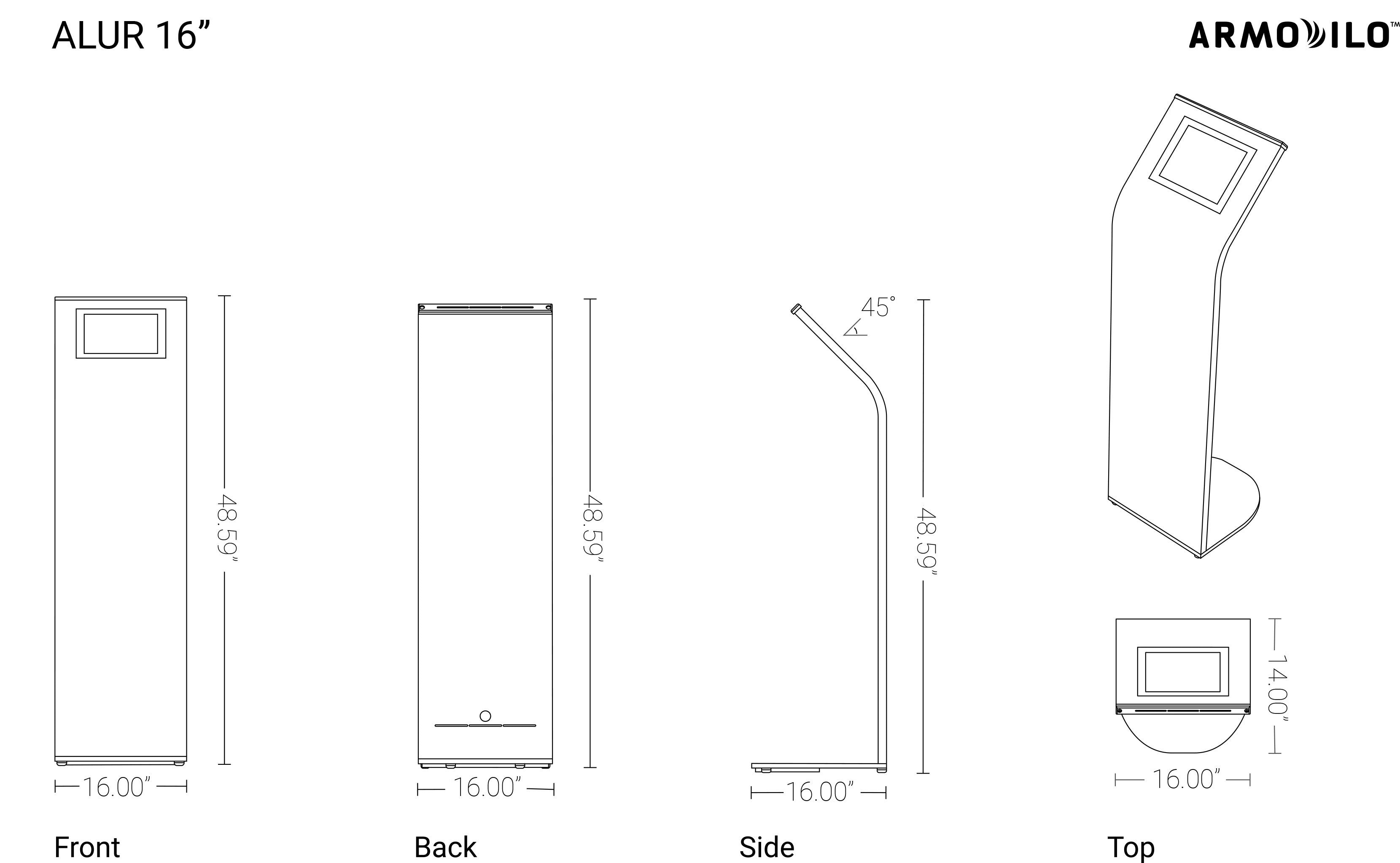 Measurements of the Alur kiosk stand displaying front, back, side, and top in 16"x 48.59".