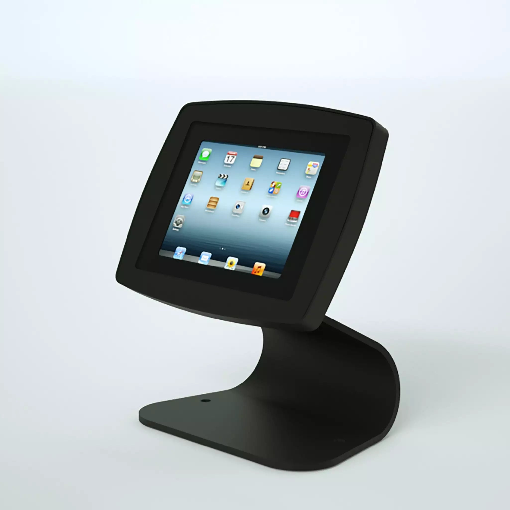 Black Curve iPad and Tablet Desktop stand. Showcasing the stand and face of the tablet.