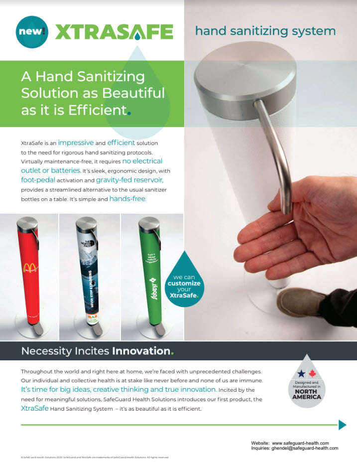 Description on the hand sanitizing system and close up of customizable stands