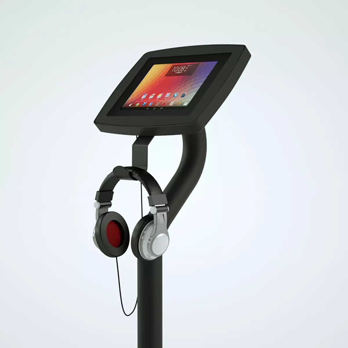 Armodilo floor freestanding Ipad and tablet Kiosk with the aluminum headphone hanger attachment.