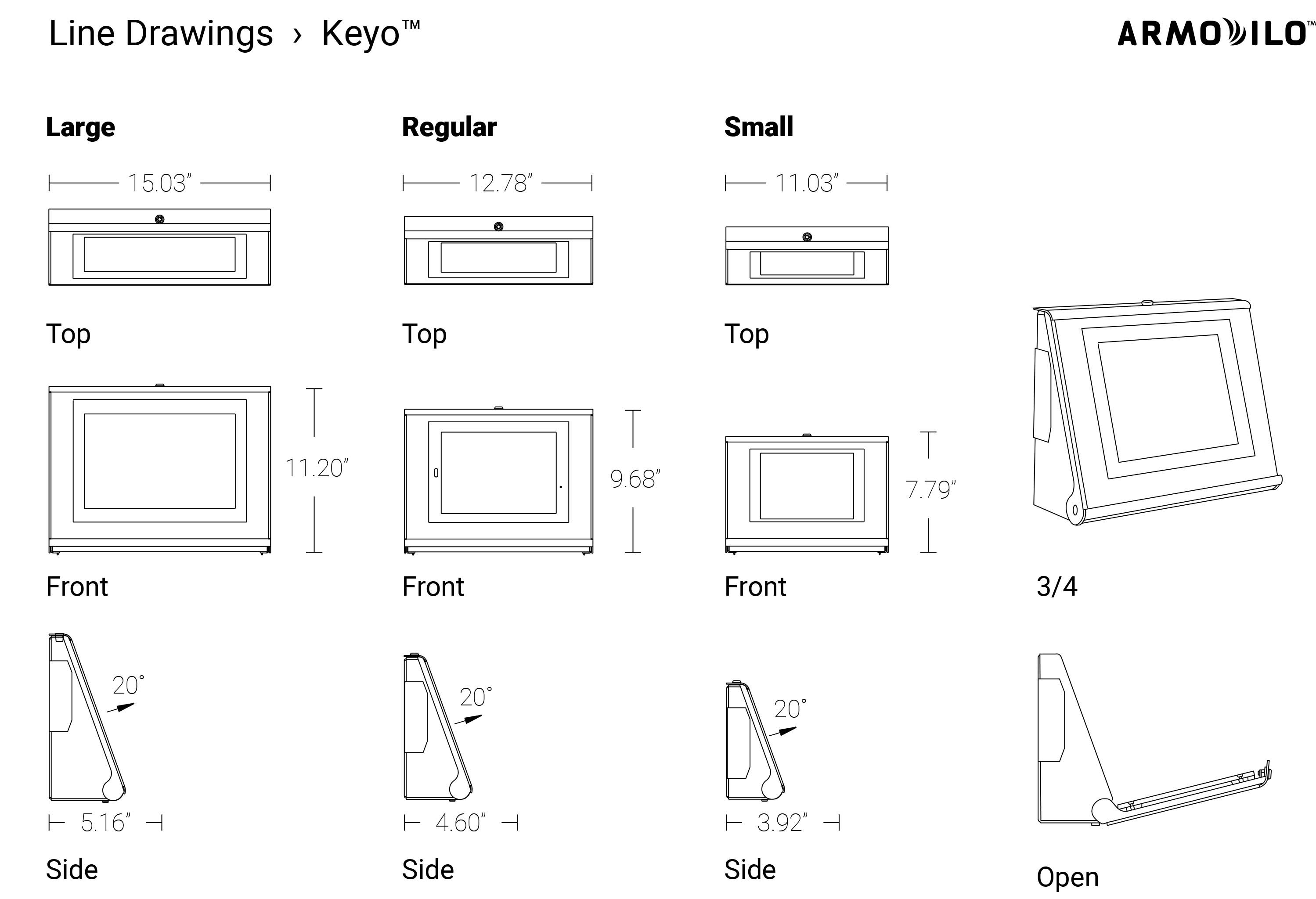 Line drawings of the Keyo enclosure, showing the three sizes and top, front, and side views.