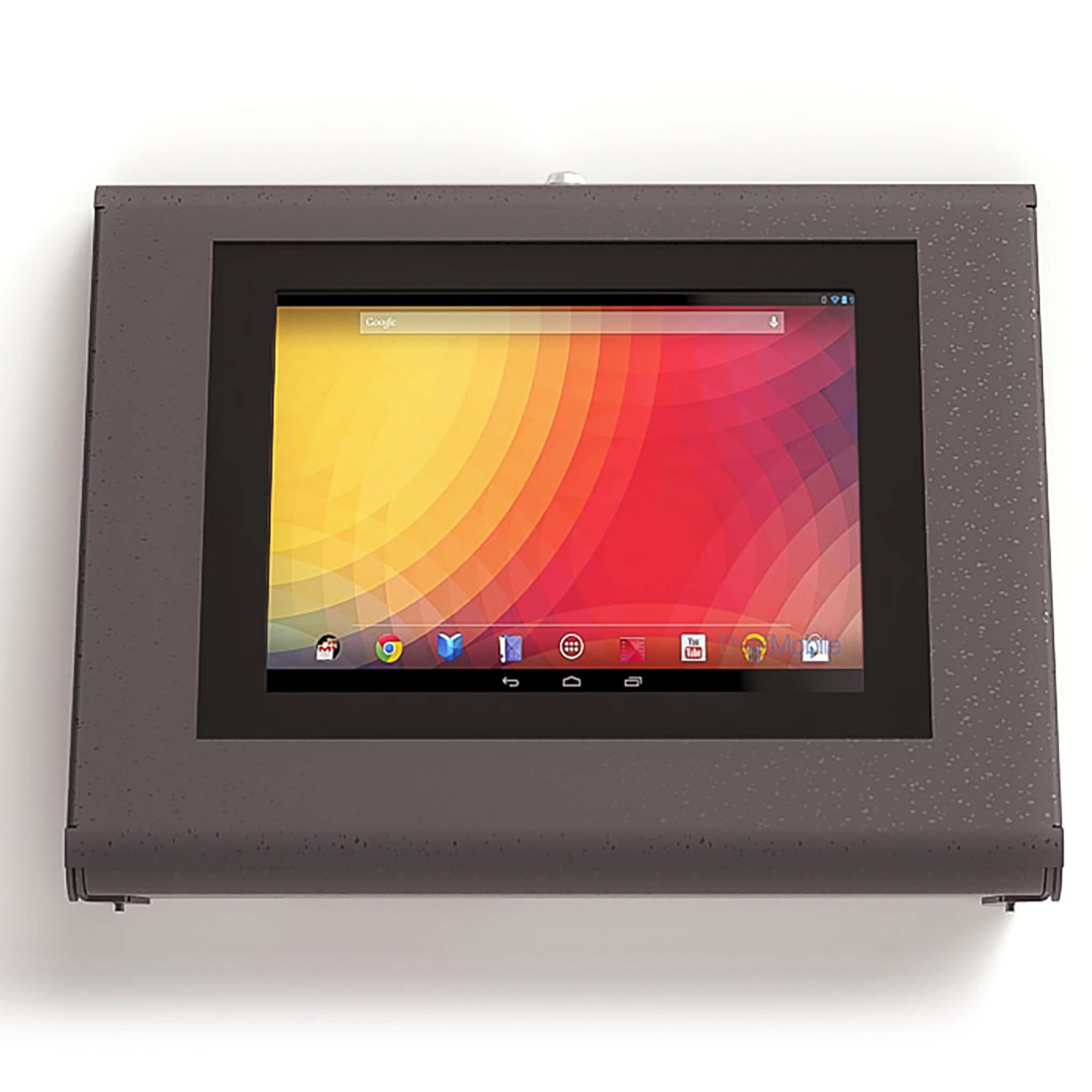 Grey Keyo surface and wall mounted tablet enclosure with tablet screen interface.