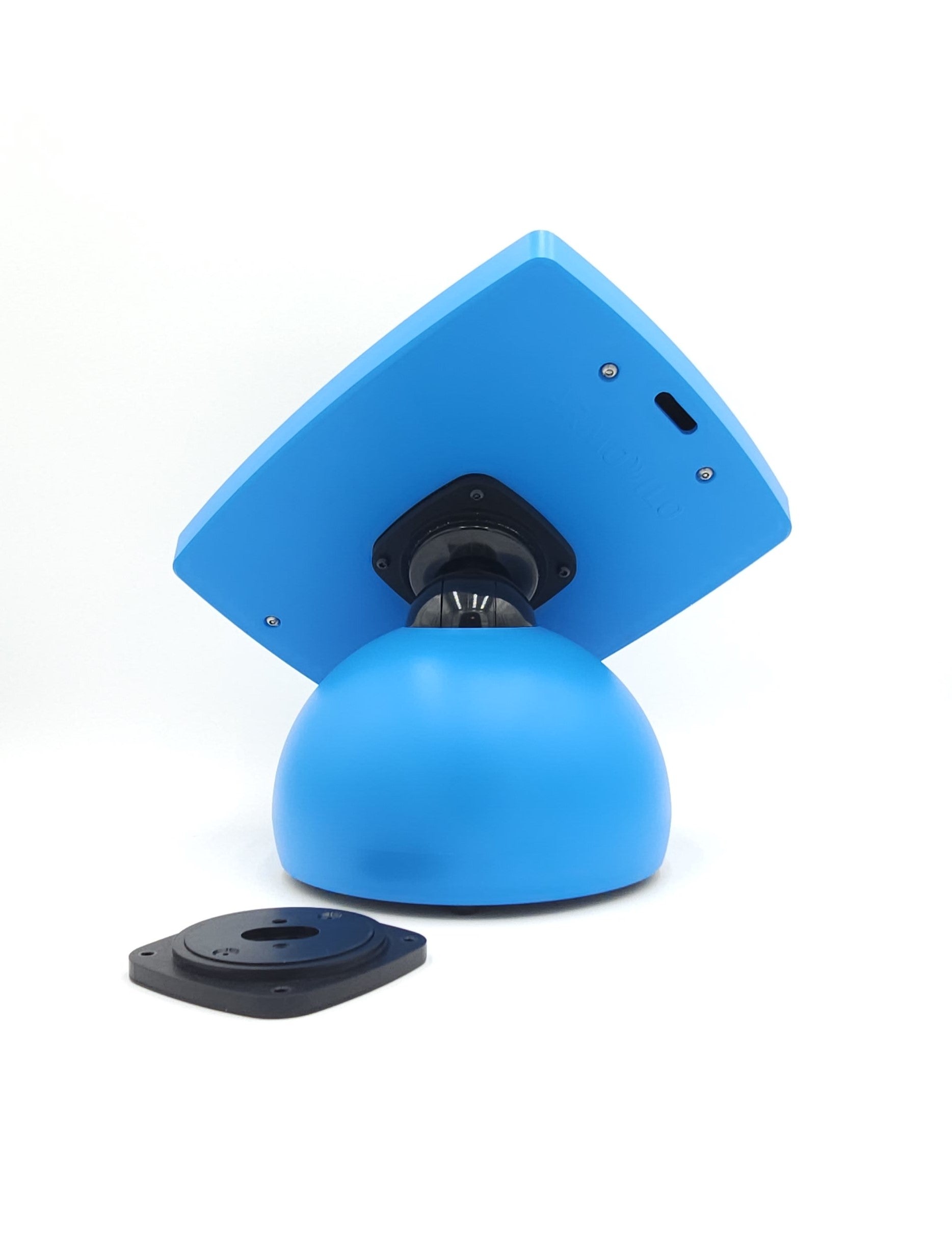 The back of the sphere iPad tablet kiosk in blue with a revolve in front 