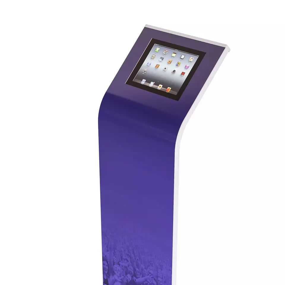 Alur iPad and tablet Stand with a magnetic purple display attached to the front of the kiosk. 