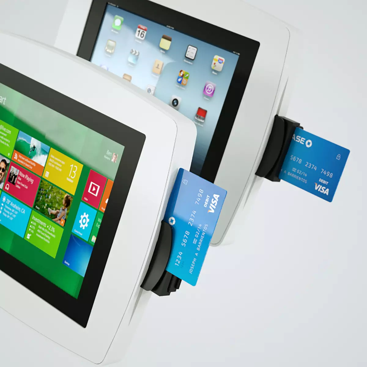 Black aluminum eDynamo bracket on the Armodilo Kiosk with credit cards inside of them.