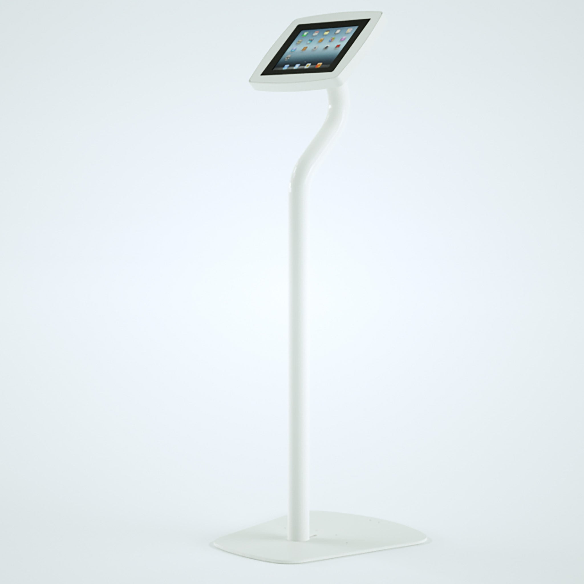The Floor freestanding iPad and Tablet kiosk in white with a screen tablet display.