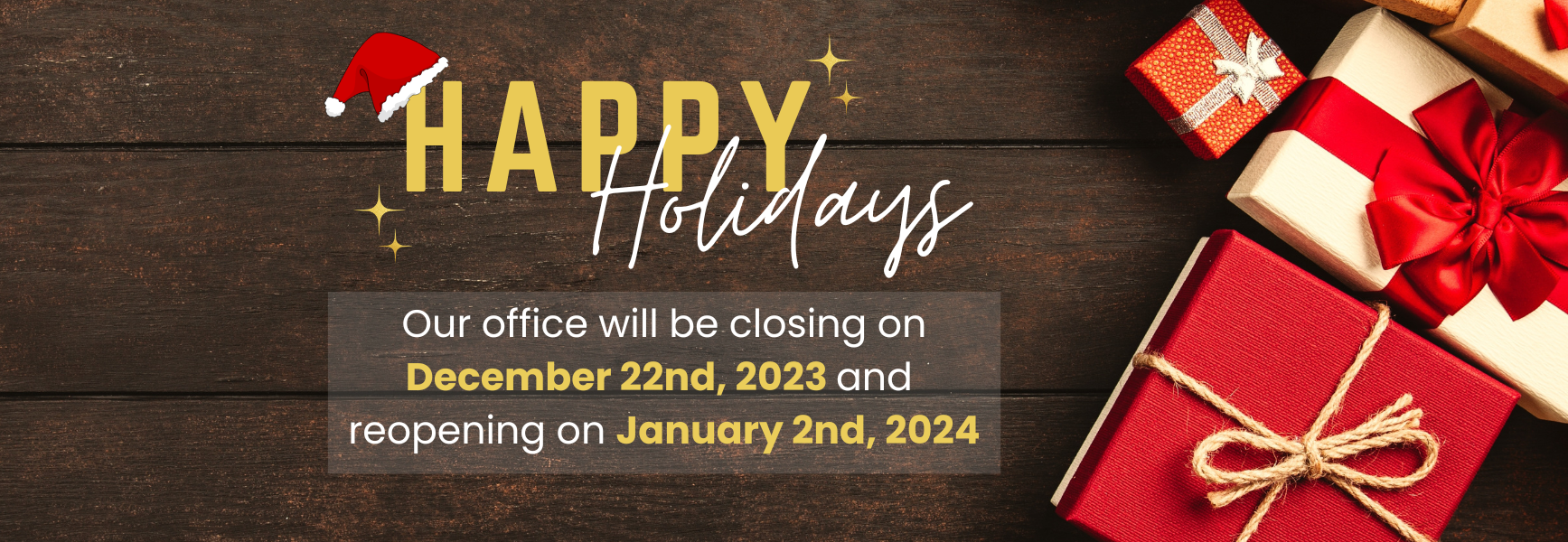 "Happy Holidays" graphic announcing Armodilo's office closure from December 22, 2023 to January 2, 2024, with wrapped gift boxes on a dark wood background
