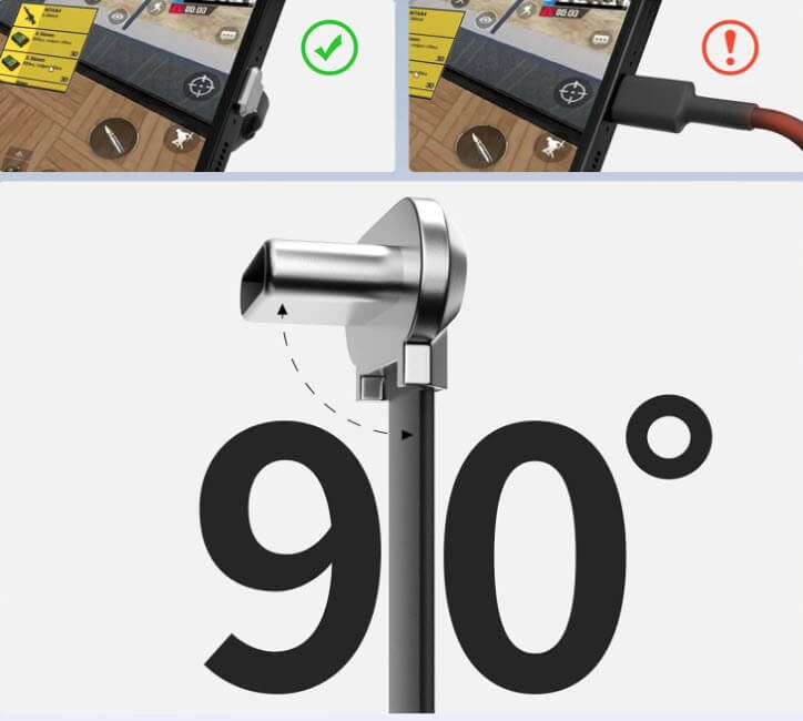 Illustration of a USB-C right angle cable with a 90° connector for ergonomic device charging and data transfer.