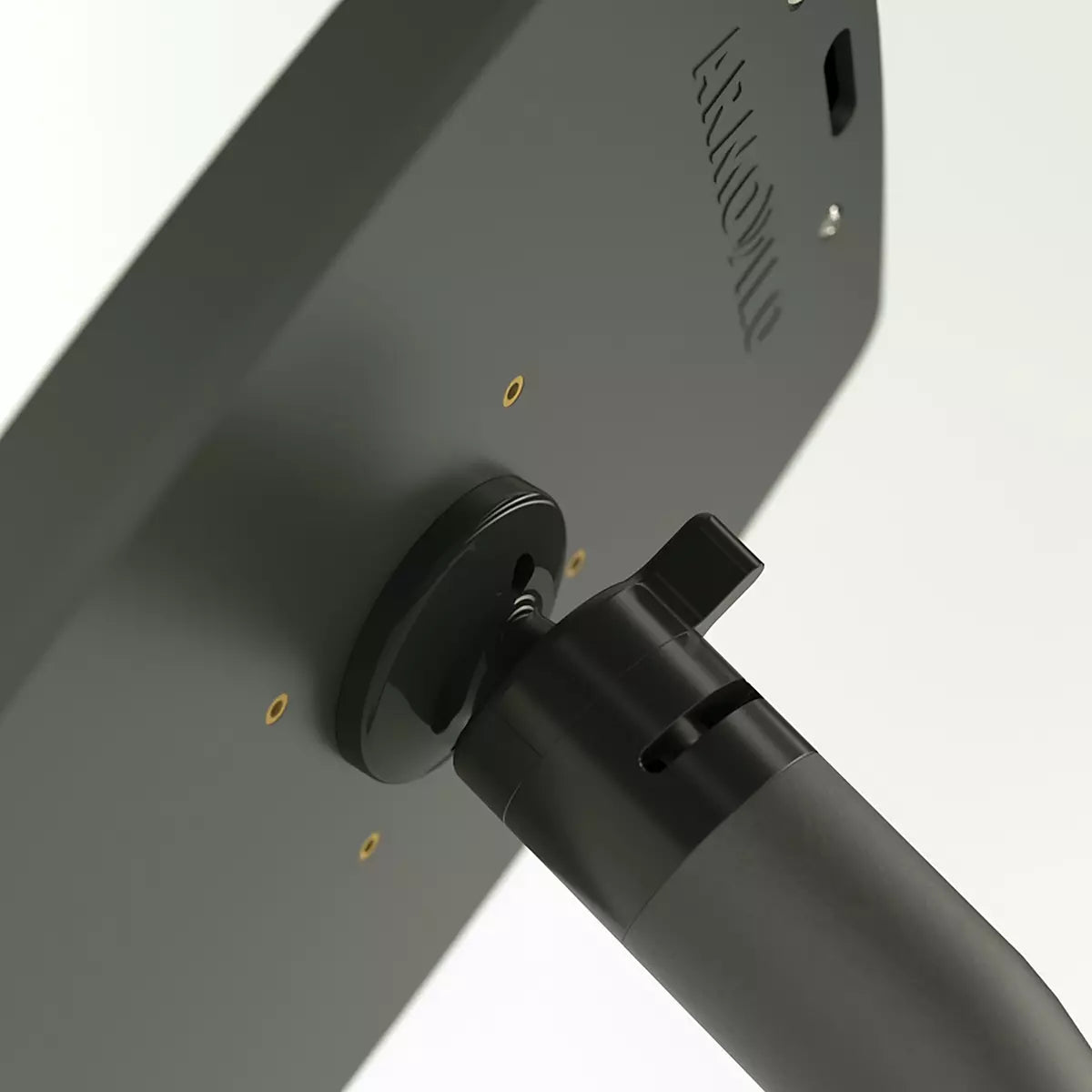 Close up on hardware allowing for a 360° of rotation and 25° of tilt movement on a iPad/ Tablet kiosk.