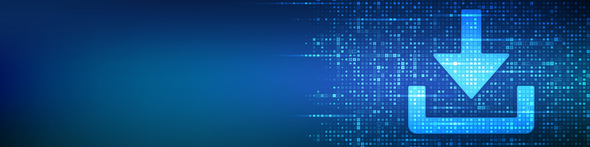 A digital illustration of a glowing blue download arrow pointing down into an open box, set against a dark blue background with abstract pixelated data grids and tech patterns.