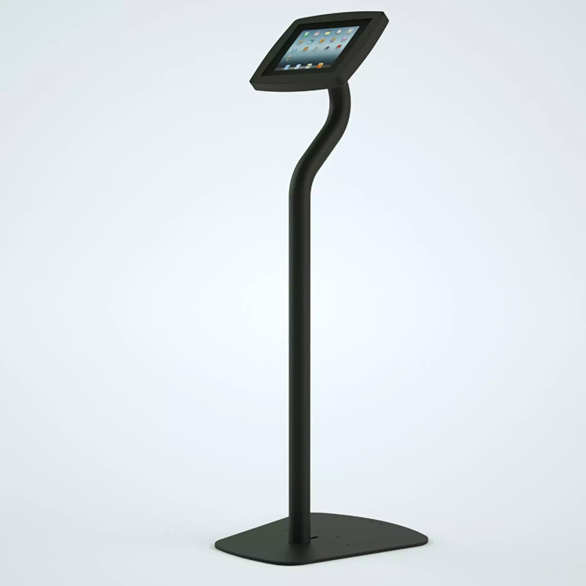The Floor freestanding iPad and Tablet kiosk in black with a screen tablet display.