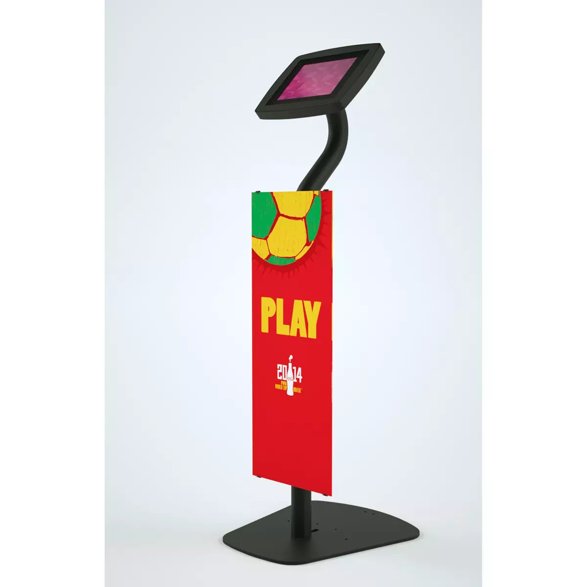 Floor freestanding Ipad and tablet kiosk with the graphic hardware holding up a soccer graphic.