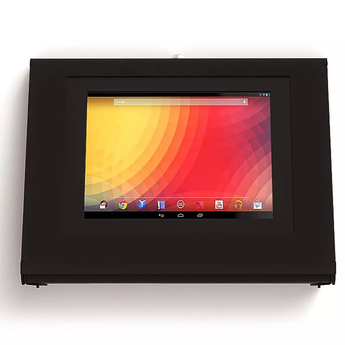 Black Keyo surface and wall mounted tablet enclosure with tablet screen interface.