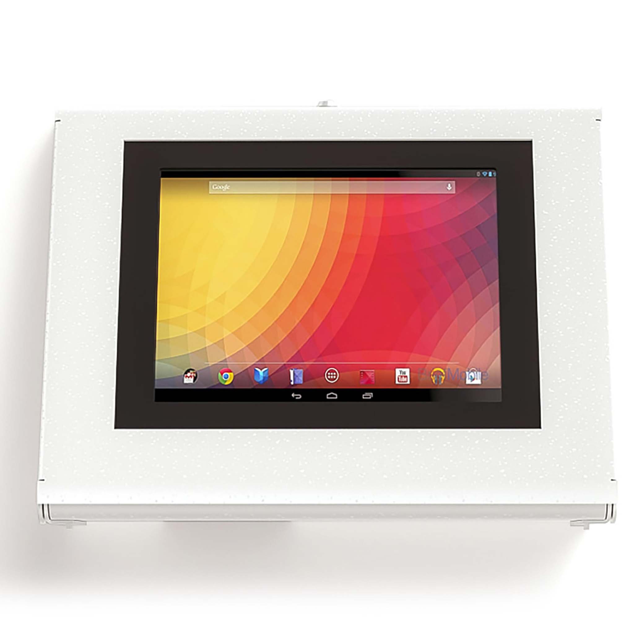 White Keyo surface and wall mounted tablet enclosure with tablet screen interface.
