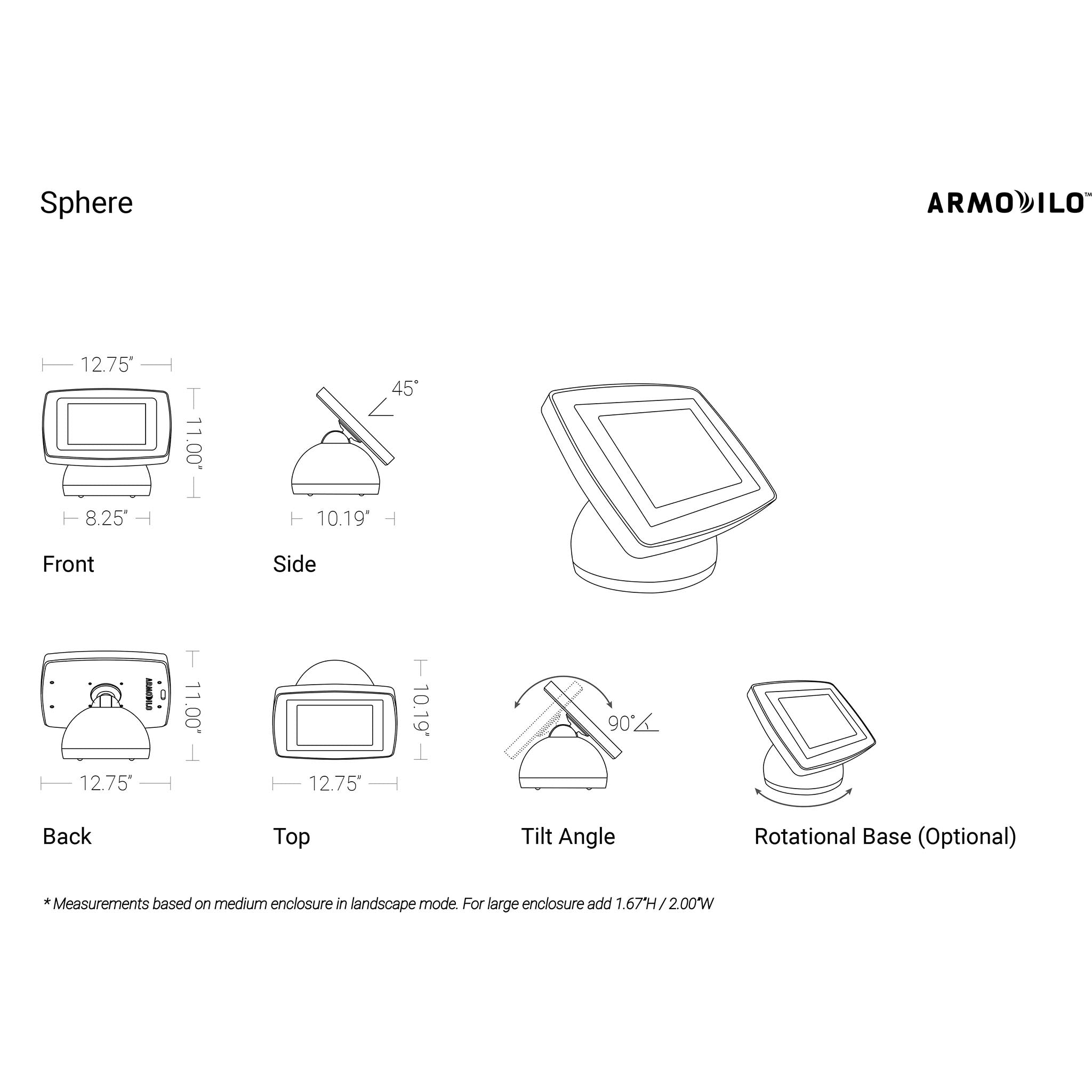 Sphere tablet renderings showcasing dimensions of the front, side, back, top, tilt, and rotation