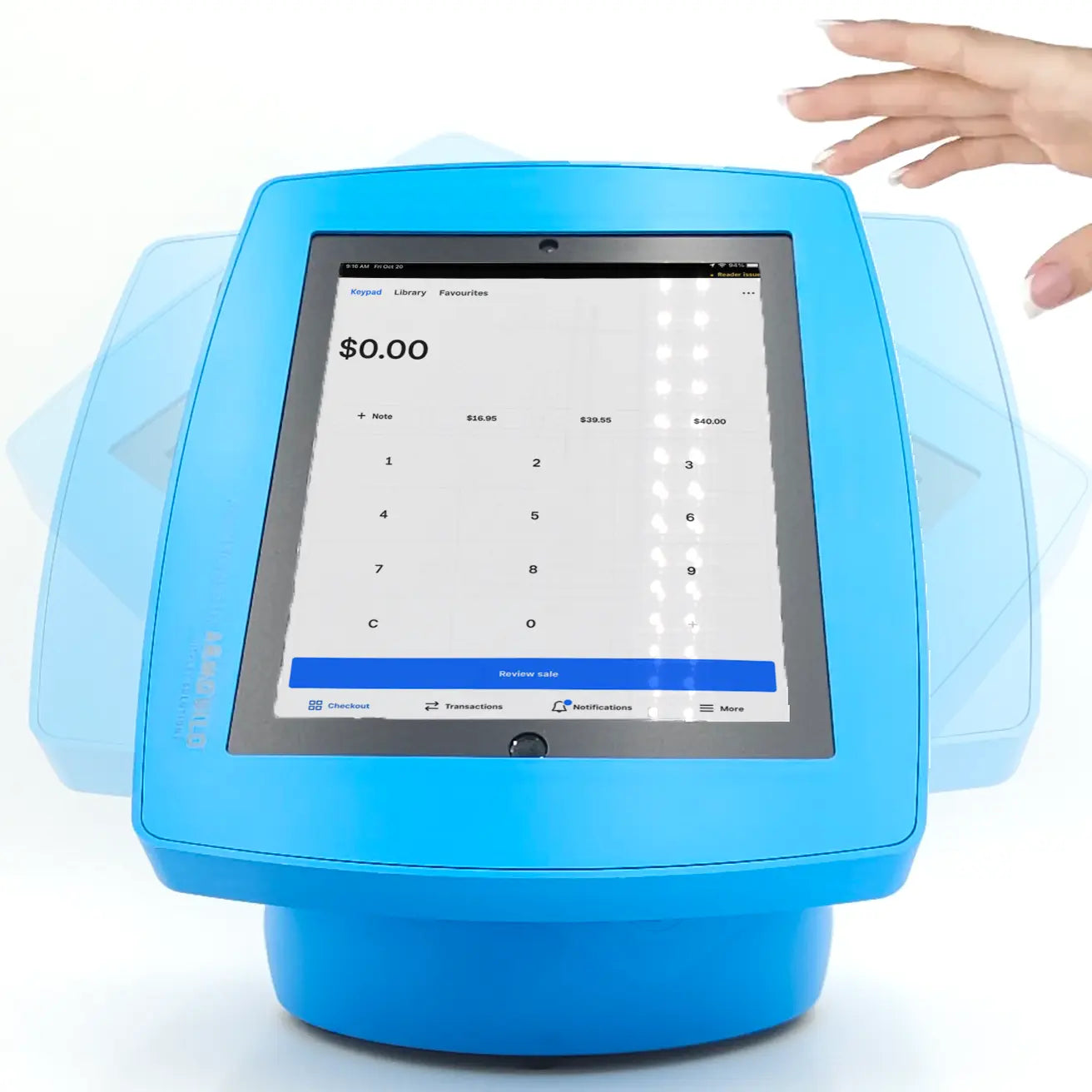 The front interface of the blue sphere iPad tablet kiosk.